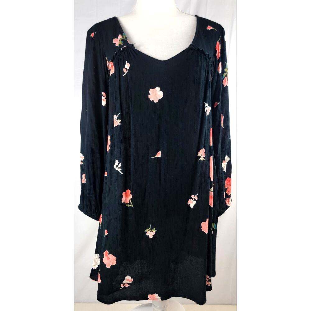 Billabong Black Floral Boho Tunic Mini Dress Long Sleeve Size Large